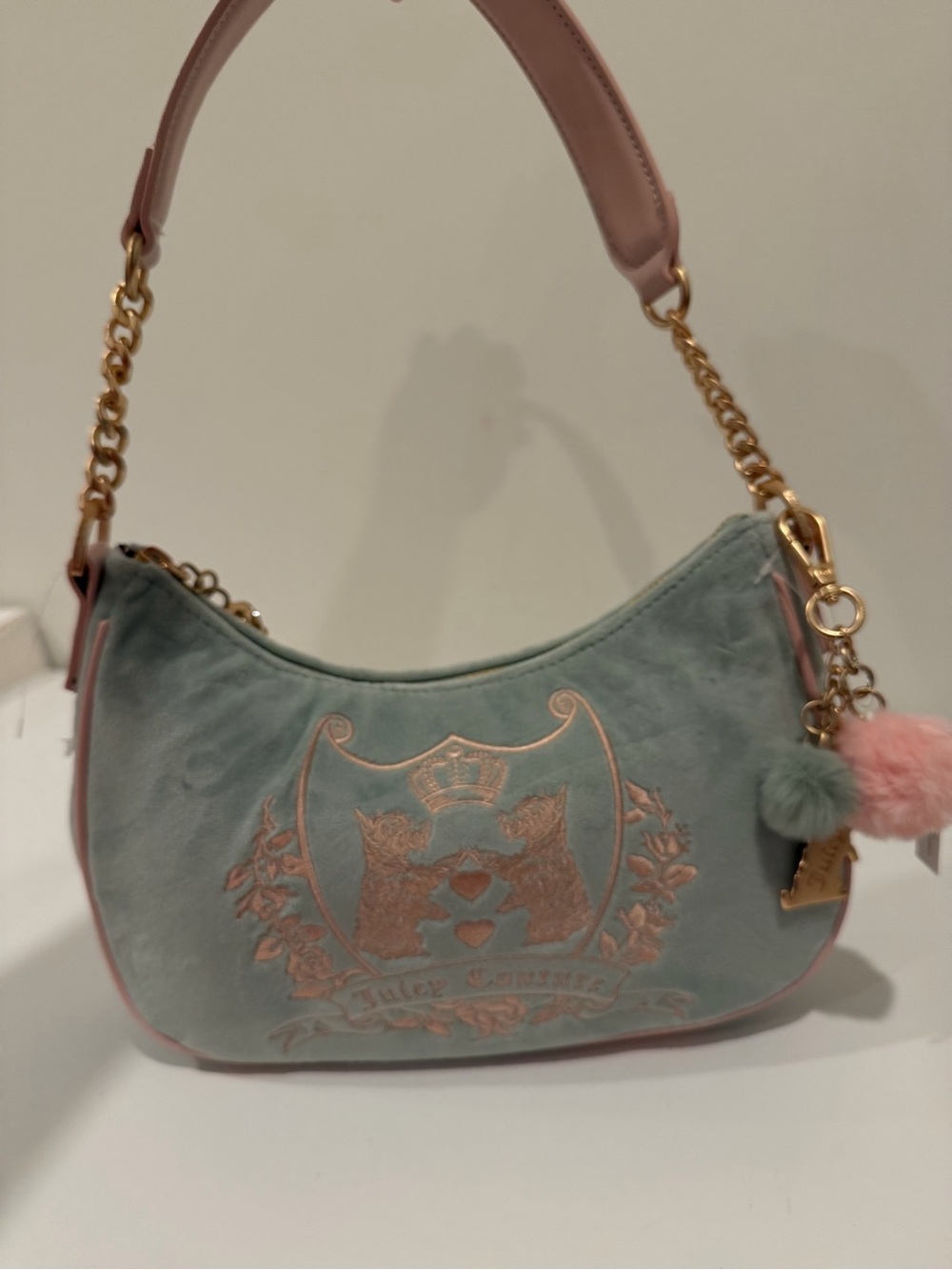 Juicy Couture Mint Suede Shoulder Bag with Pink Trim